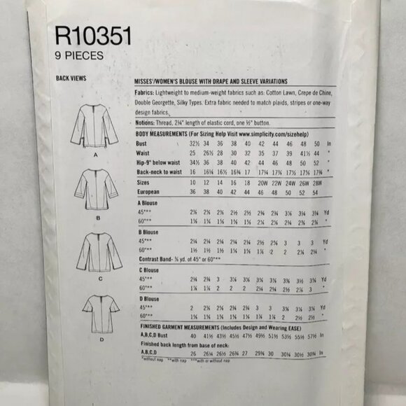 Simplicity 8986 / R10351 Draped Blouse ~ Misses Sz 10-18 - Sewing Pattern - Picture 2 of 2